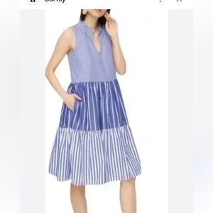 Sleeveless tiered popover dress in mixed stripe Blue and White